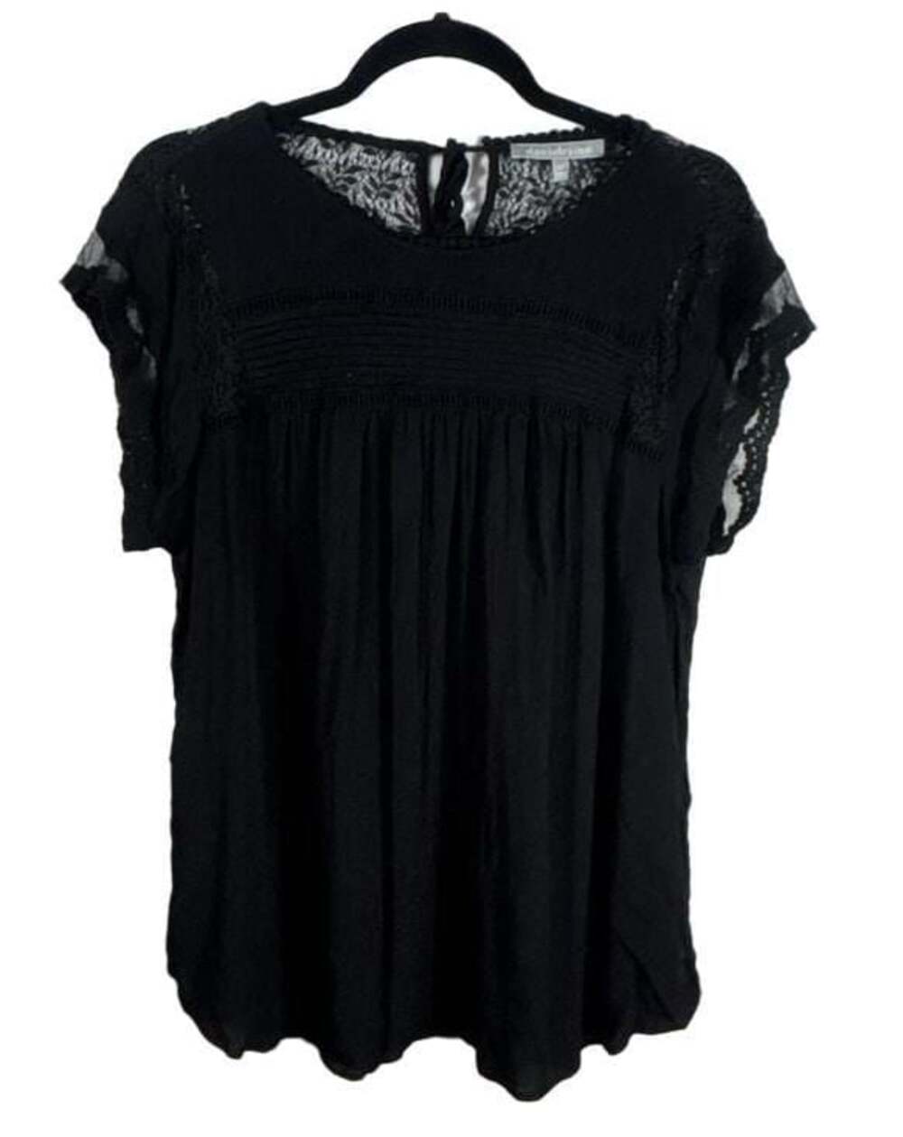 Daniel Rainn Black Pleated Pintuck Top with Lace Flutter Sleeves